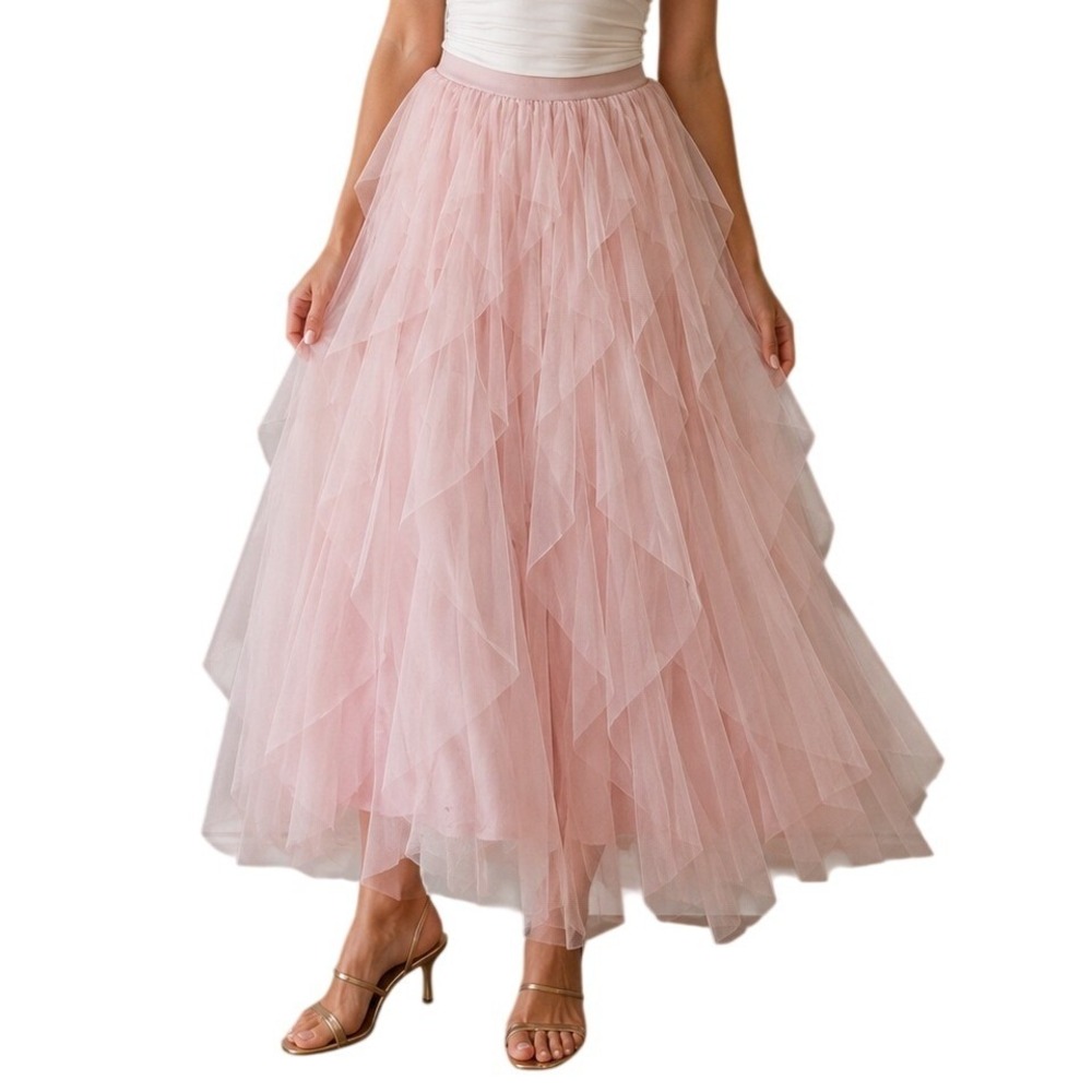 Pink Tulle Maxi Skirt Tiered Ruffle Mesh Elastic‎ Waist Skirt Women's Large